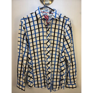 Au Noir Long Sleeves Men Shirt Size 2 White Gray Blue Squarred Pre-Owned